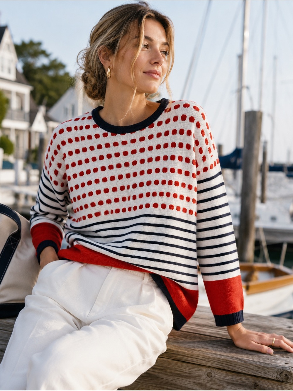 Vintage Bay Club Nautical Striped Polka Dot Knit Sweater Large